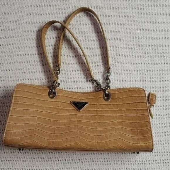 Pagado Embellished Tan Leather Crocodile Zippered Satchel - Picture 1 of 6